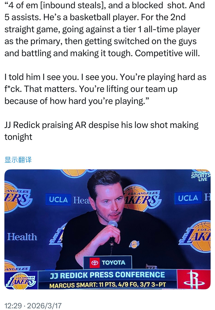 里夫斯防守数据亮眼 雷迪克盛赞其拼搏精神